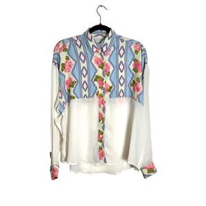 Vtg Rampage Western Blouse Womens L Sheer Floral Cowgirl Floral White Buttondown